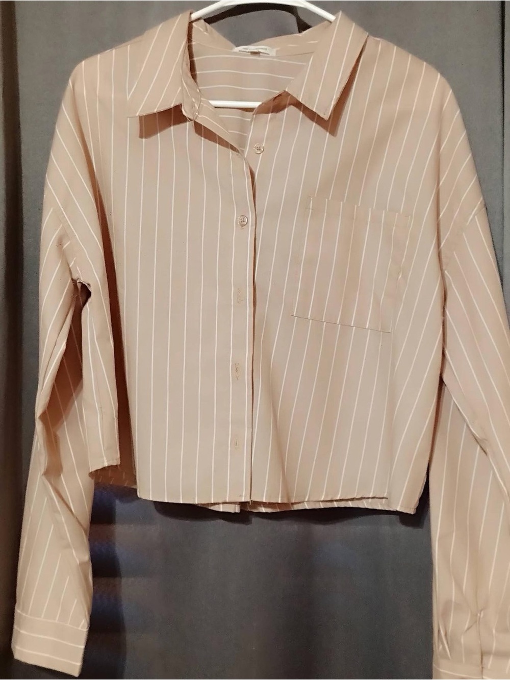 Cropped Beige Pinstripe Button-Up Shirt